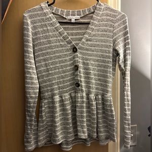 Long sleeve grey and white striped blouse